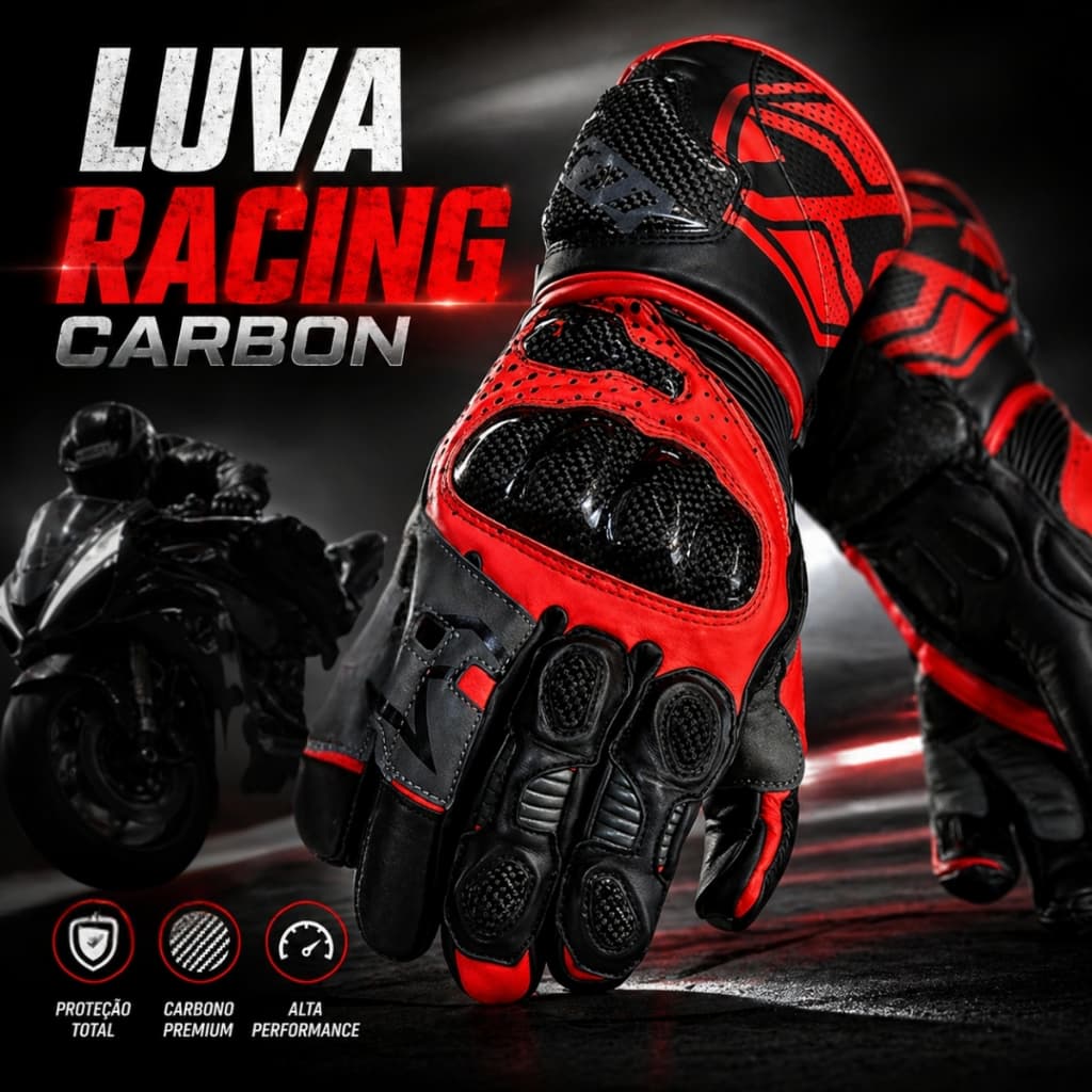 Luva X11 - Racing Carbon - Couro - Reforçada - Preta Vermelha
