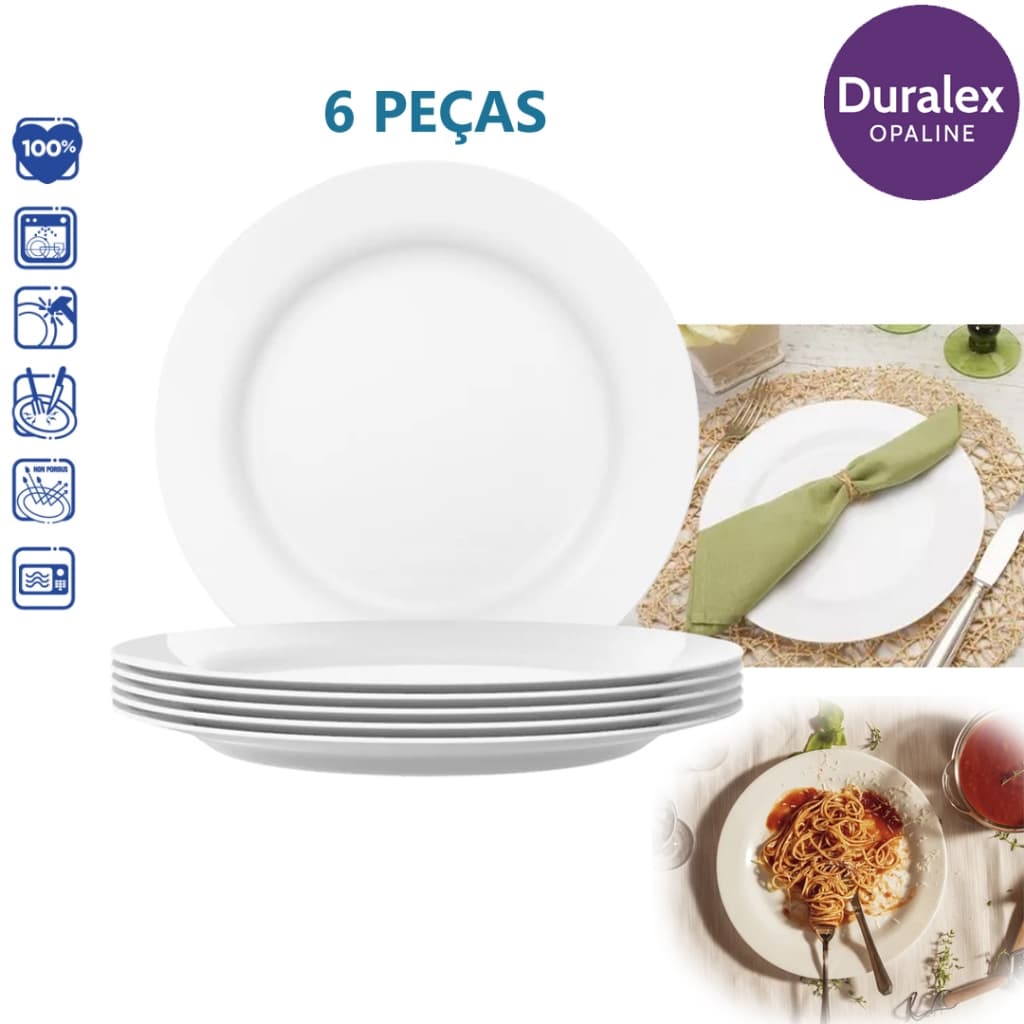 Kit 6 Prato Opaline Menu Duralex Raso 24cm Branco Nadir Jantar Redondo