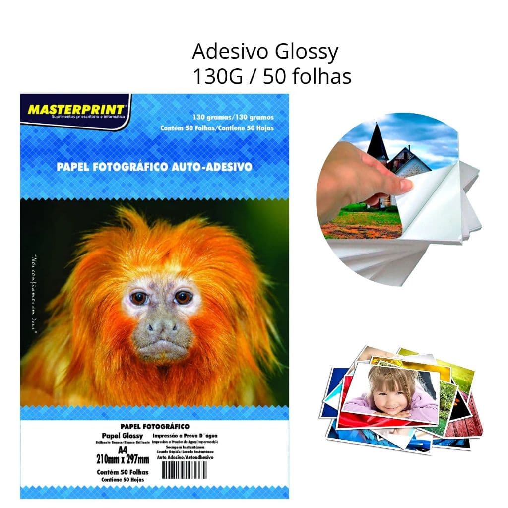 Papel Fotográfico Adesivo A4 Glossy 130g e 180g Folhas Masterprint Alta Qualidade