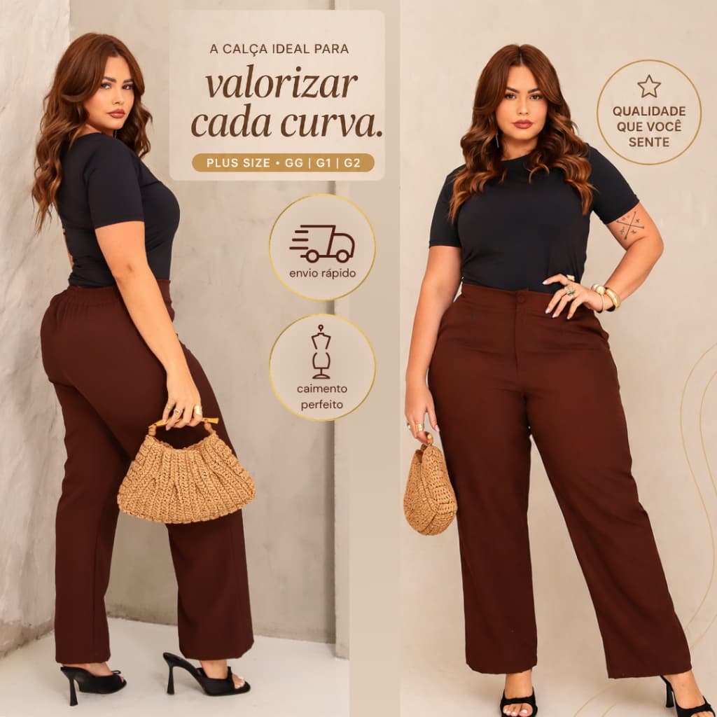 Calça Feminina Social Plus Size Cintura alta com zíper e botão GG G1 G2