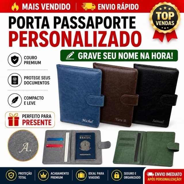 Porta Passaporte Personalizado Couro Premium Com Nome Viagem Documento Organizador
