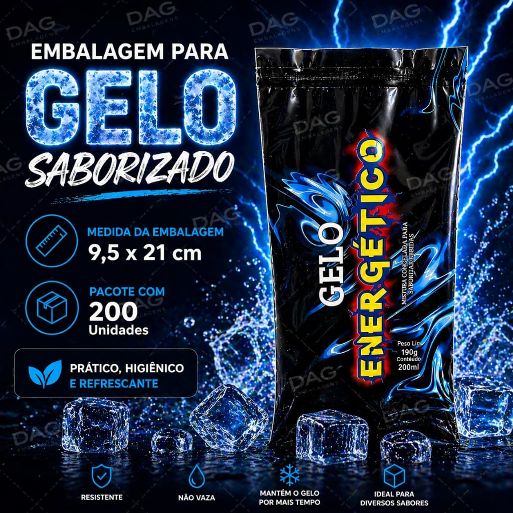Embalagem para Gelo Saborizado BOPP Pacote com 190 a 200 Unidades | Sabor Energético / Higiênica e Resistente