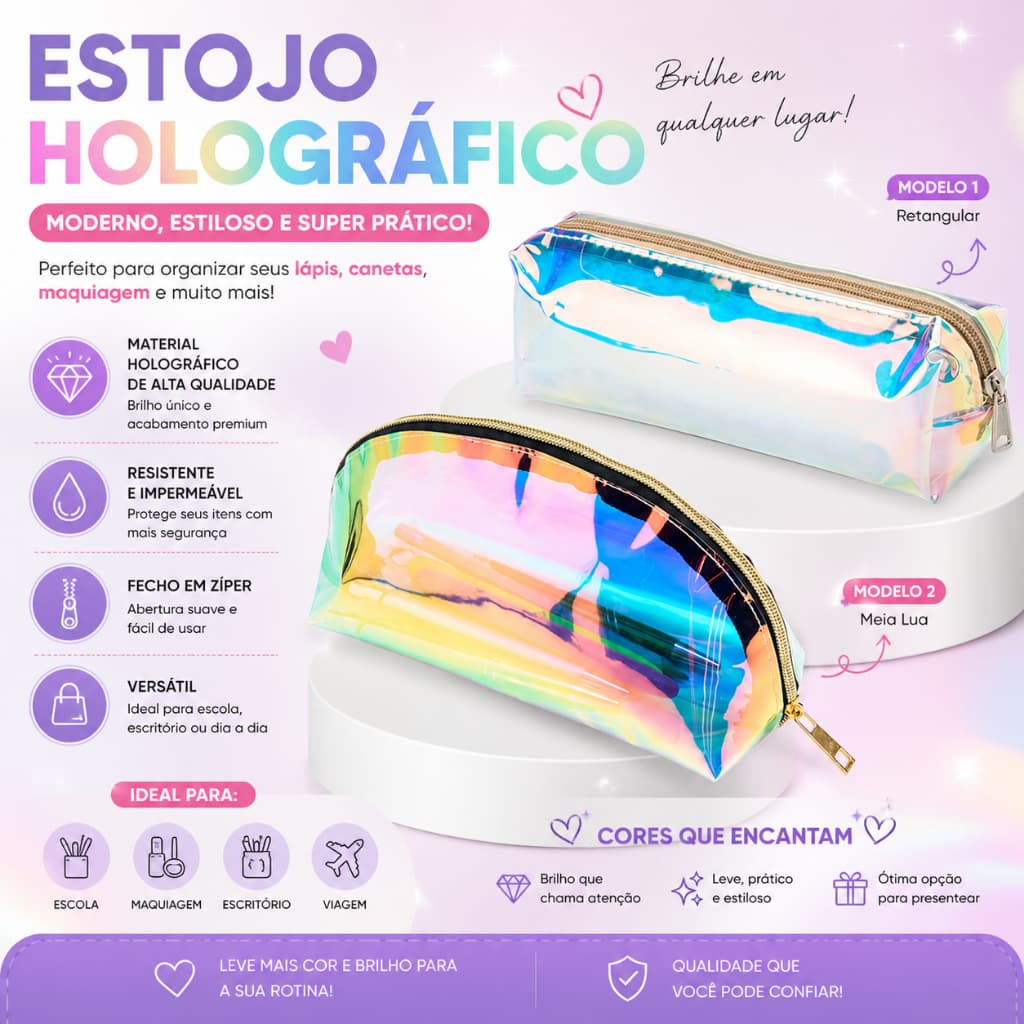 Estojo Holográfico com Zíper | Porta Lápis e Maquiagem, Necessaire Brilhante Feminina