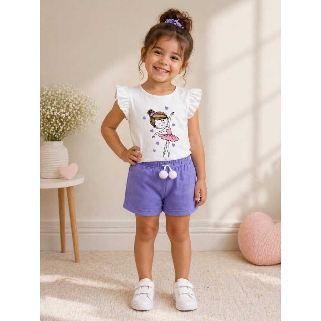 Conjunto de verão infantil menina .Blusa com manga franzida +Bermuda com pompom 2 ao 10 anos