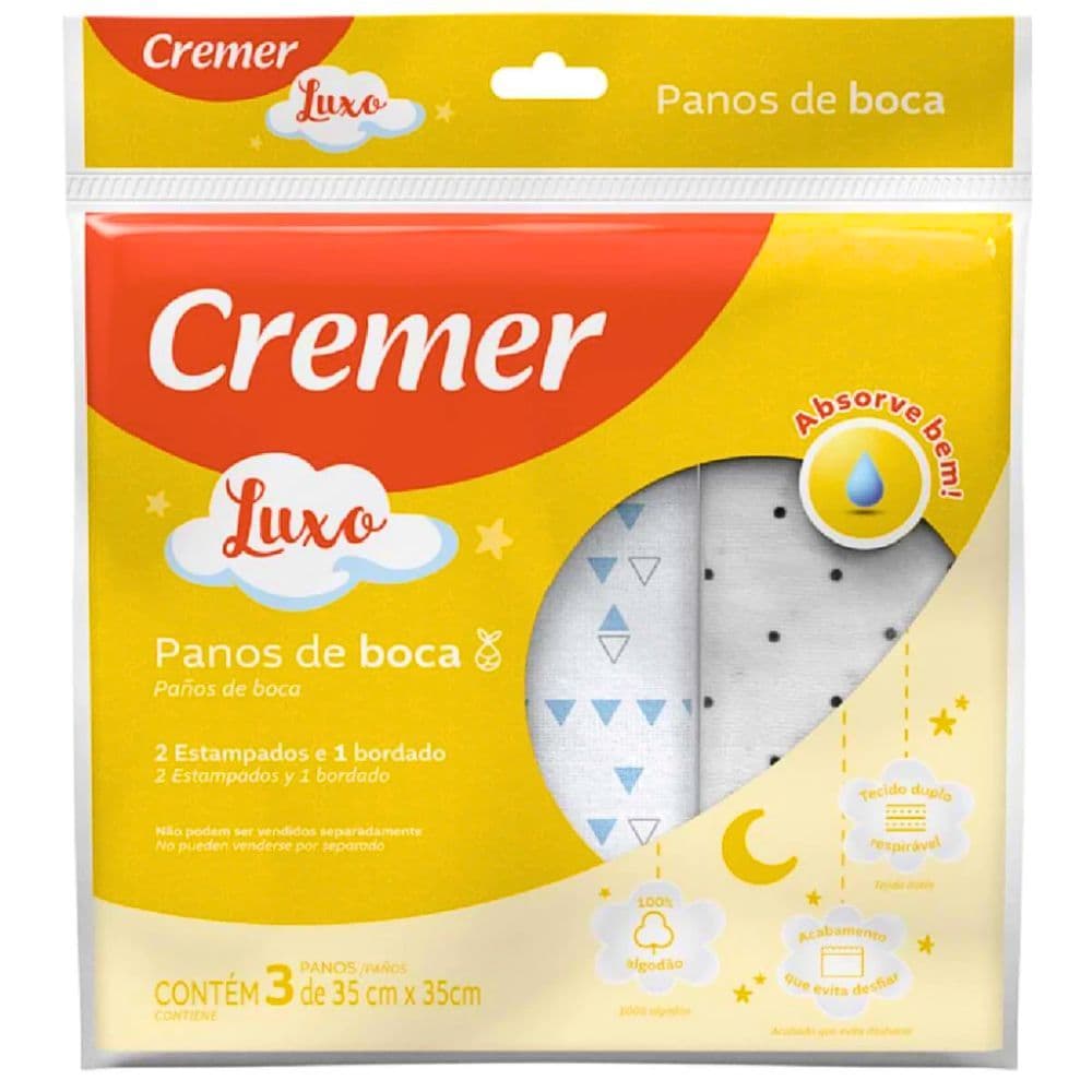 Pano de Boca Infantil Duplo Branco Neutro Bordado Kit 3 Unidades Algodão