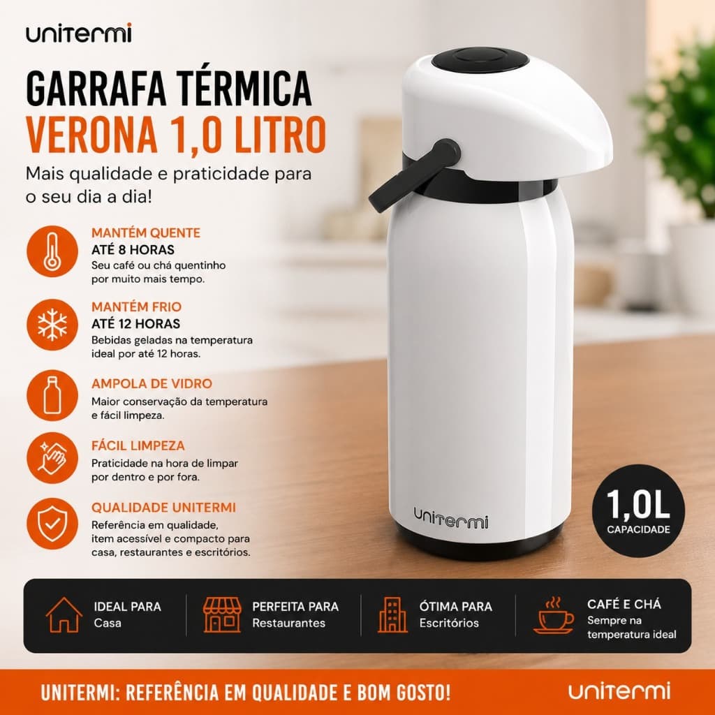Garrafa Térmica Unitermi Verona 1L Ampola Vidro Café Chá 12h Frio 8h Quente