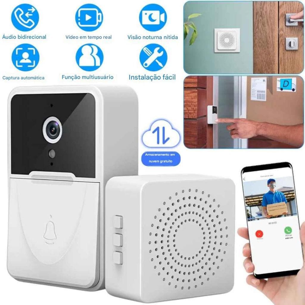 Campainha C/ Câmera Vídeo Porteiro WiFi Sem fio Inteligente HD App Via Celular