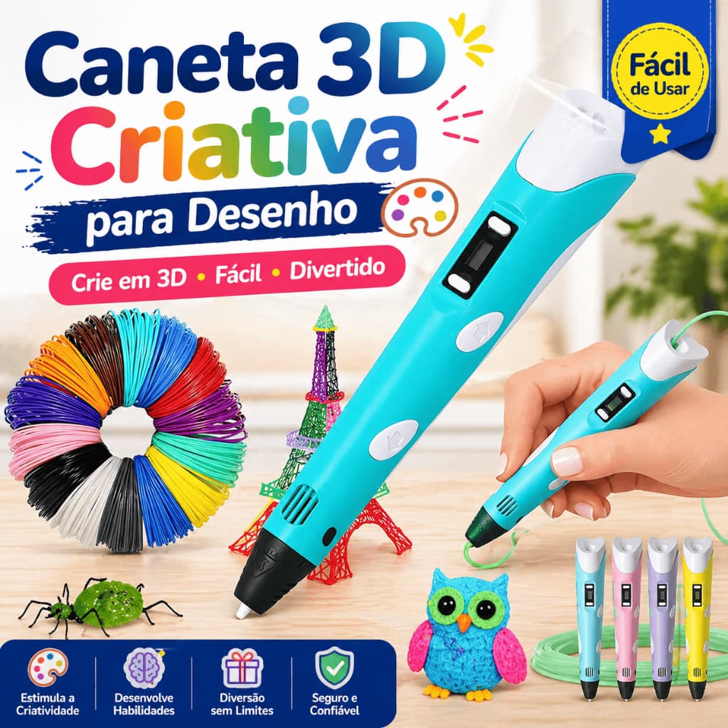 Caneta 3D para Desenho Infantil com Filamento Colorido LCD Ajuste de Temperatura Velocidade DIY Criativo Presente