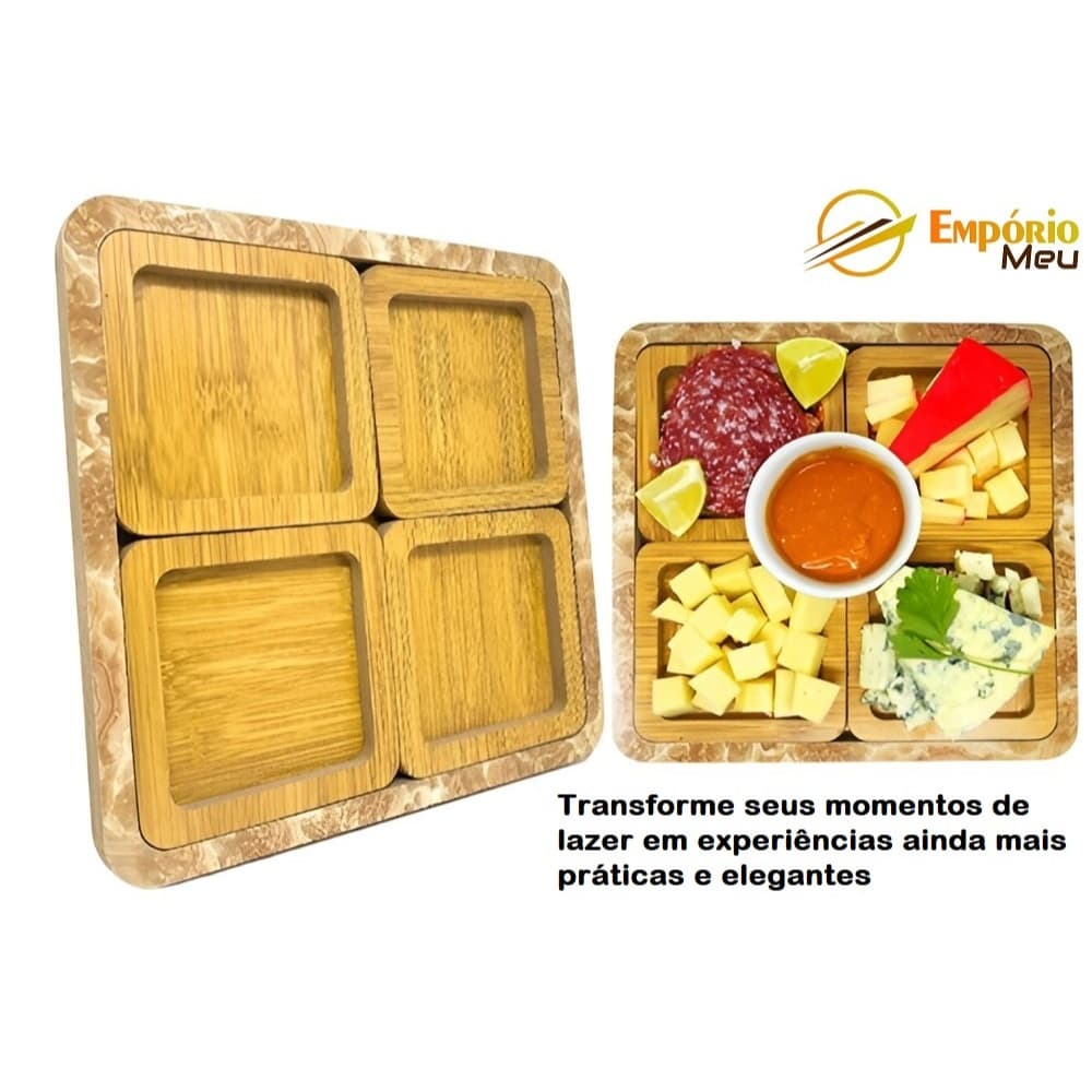 Kit 4 Petisqueira Quadrada Madeira Natural Rechaud Servir Aperitivo