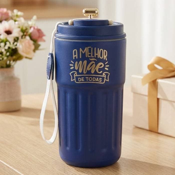 Copo Térmico Termômetro 450 ML Aço Inox Com Alça E Tampa Personalizada Dia Das Mães