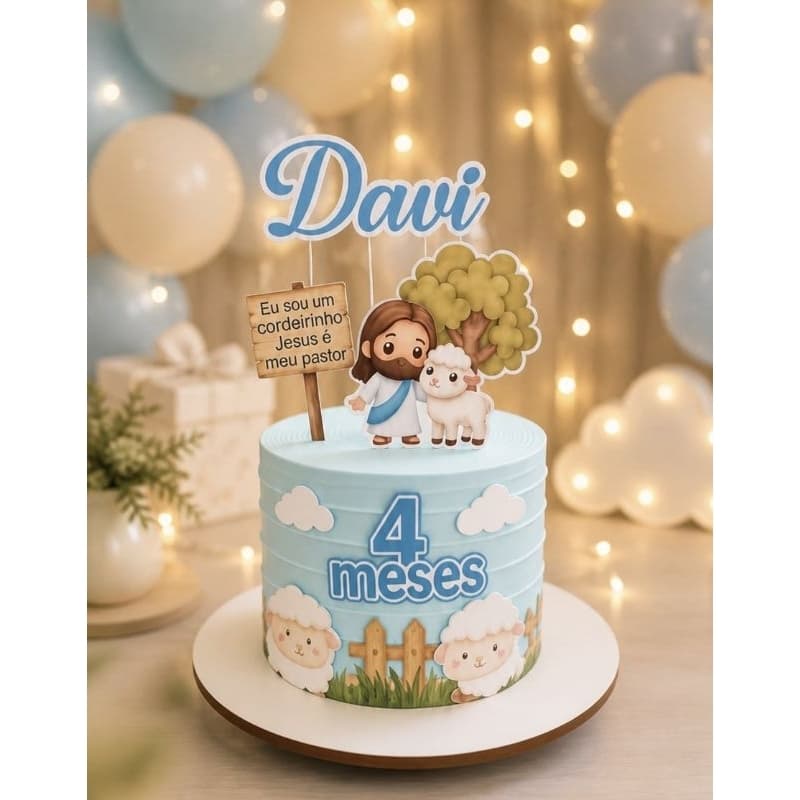 Topo de Bolo Cordeirinho Jesus Meu Pastor | Tema Religioso Infantil Menino | Topper Batizado Mesversário Personalizado