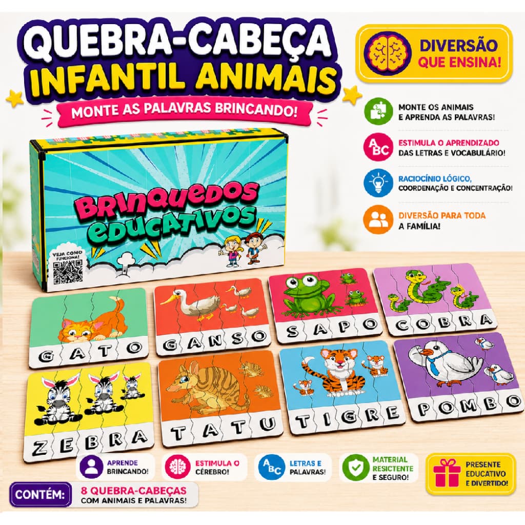 Quebra-Cabeça Infantil Animais | Montar Palavras | Brinquedo Educativo com Letras | Aprender Brincando | Montessori