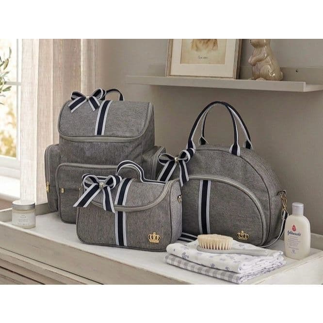 Kit Bolsa Bebe Maternidade Mochila Luxo Cinza/Azul 3 bolsas Laço