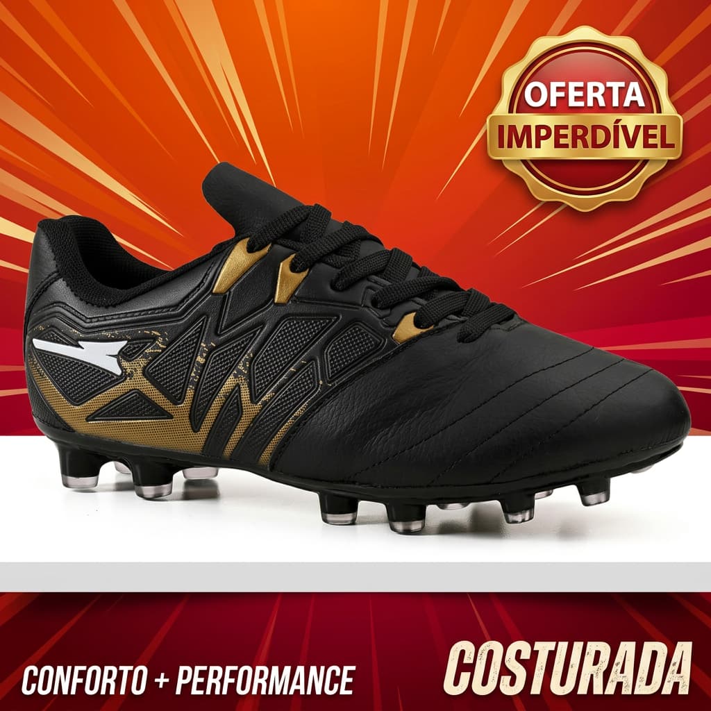 Chuteira bico em 100% Couro Legitimo Campo Trava Resistente Costurada R119-03B
