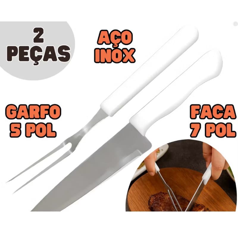 Kit Churrasco 2 Peças - Faca 7" E Garfo Trinchante 5" Cabo Branco - Entre melhores facas de cozinha