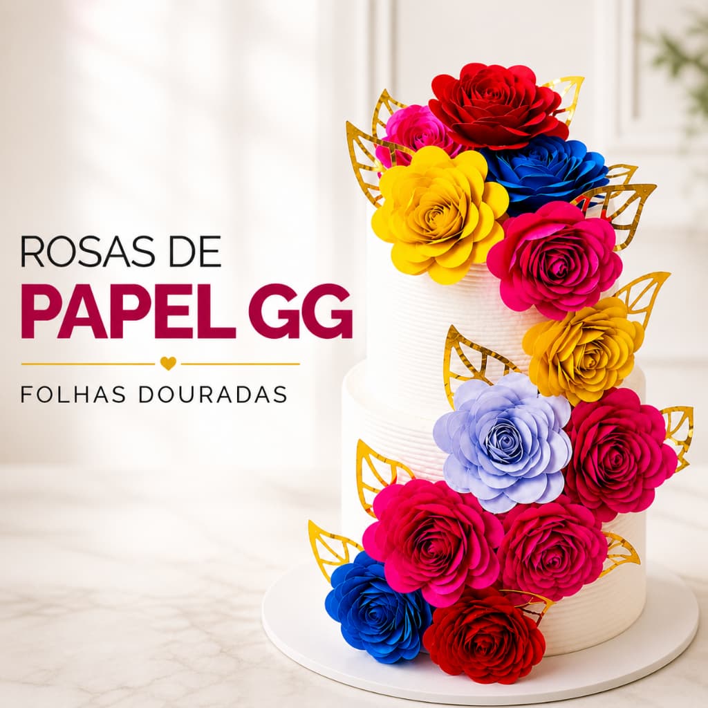 Flores de Papel para Bolo 6,5cm GG | Rosas Decorativas Premium com Folhas Douradas | Kit 10 e 20 Unidades