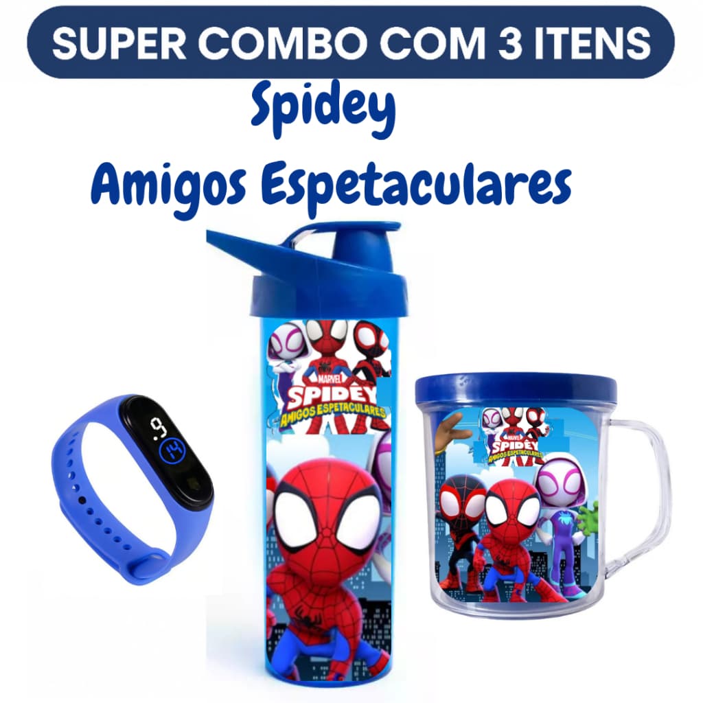 Spidey e seus Amigos Espetaculares  - Garrafa Copo e Relógio Digital Infantil - Com Nome da Criança
