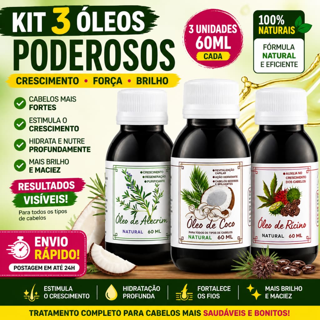Óleo de Coco, Rícino e Alecrim 60ml Kit 3 Unidades Crescimento Capilar Hidratação Nutrição Natural
