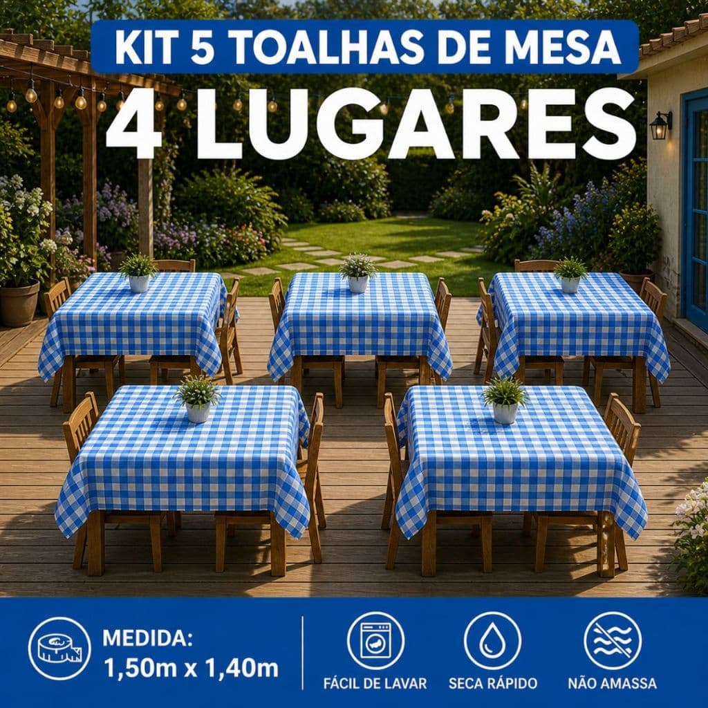 Kit 5 Toalhas de Mesa Xadrez Retangular 4 Lugares Tecido Oxford Resistente para Eventos Festa Junina