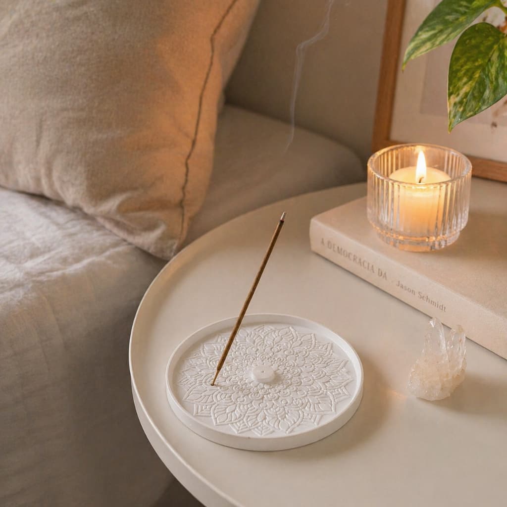 Porta Incenso Mandala Redondo 12cm - Boho Decoração Minimalista, Luxo Esotérico, Meditação, Moderno.