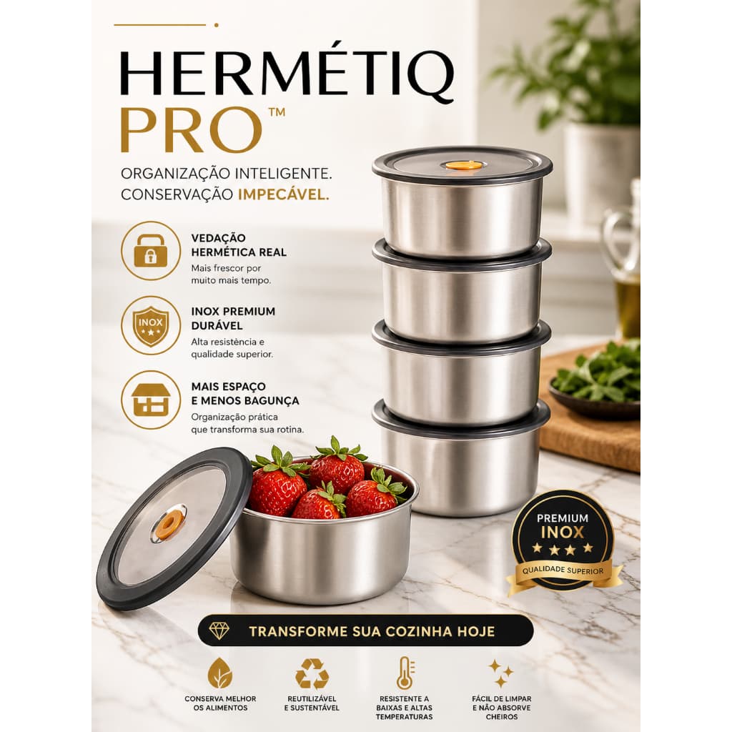 Kit 4 Potes Herméticos Inox 450ml Hermétiq Pro com Vedação Premium