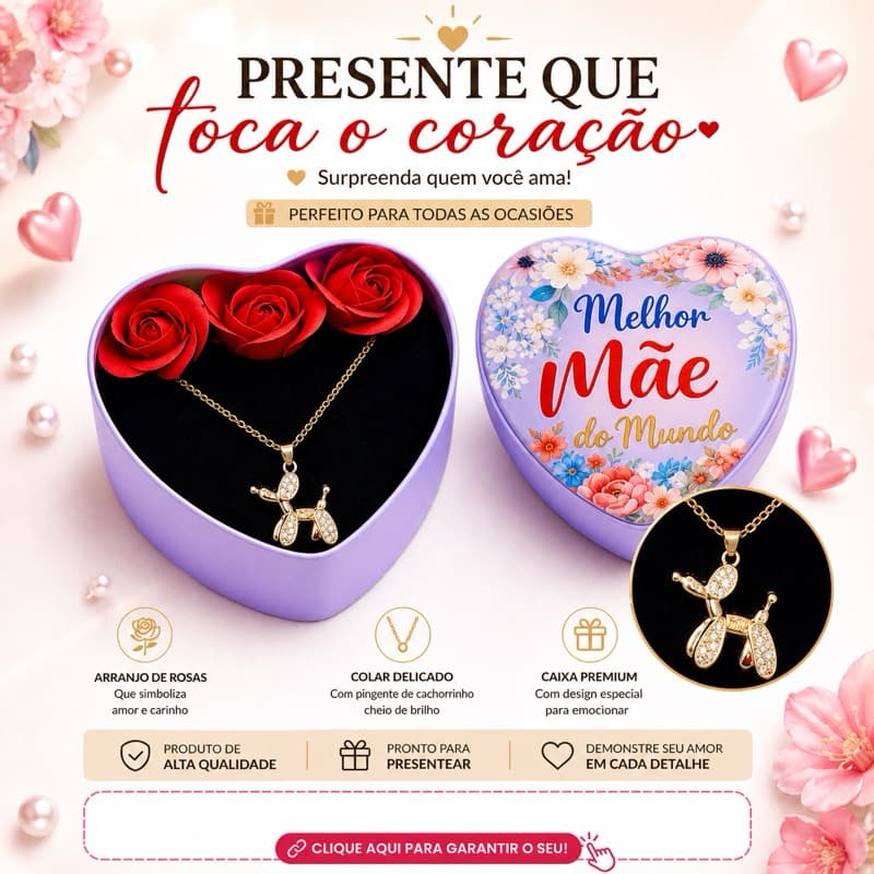 Presente Dia das Mães Colar + Rosas Caixa Luxo Melhor Mãe do Mundo