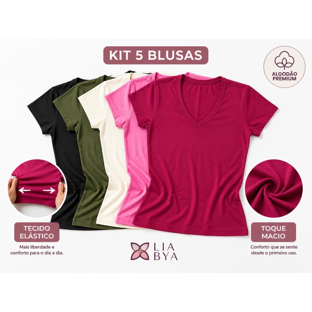 kit 5 blusas basica plus size feminina algodão manga curta p ao g3