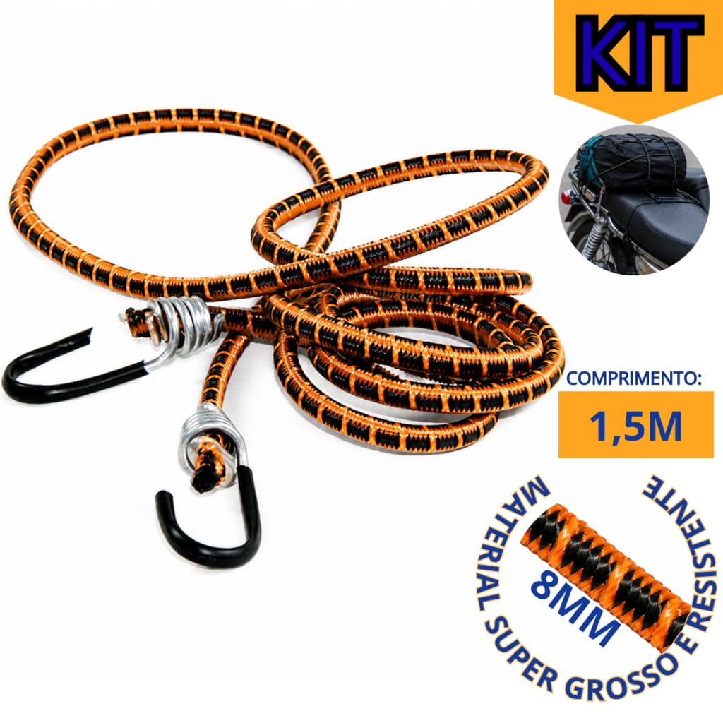 Kit Elástico Extensor 8mm Reforçado Super Grosso 1,5m com Ganchos Aço Revestido Moto Bike Carga