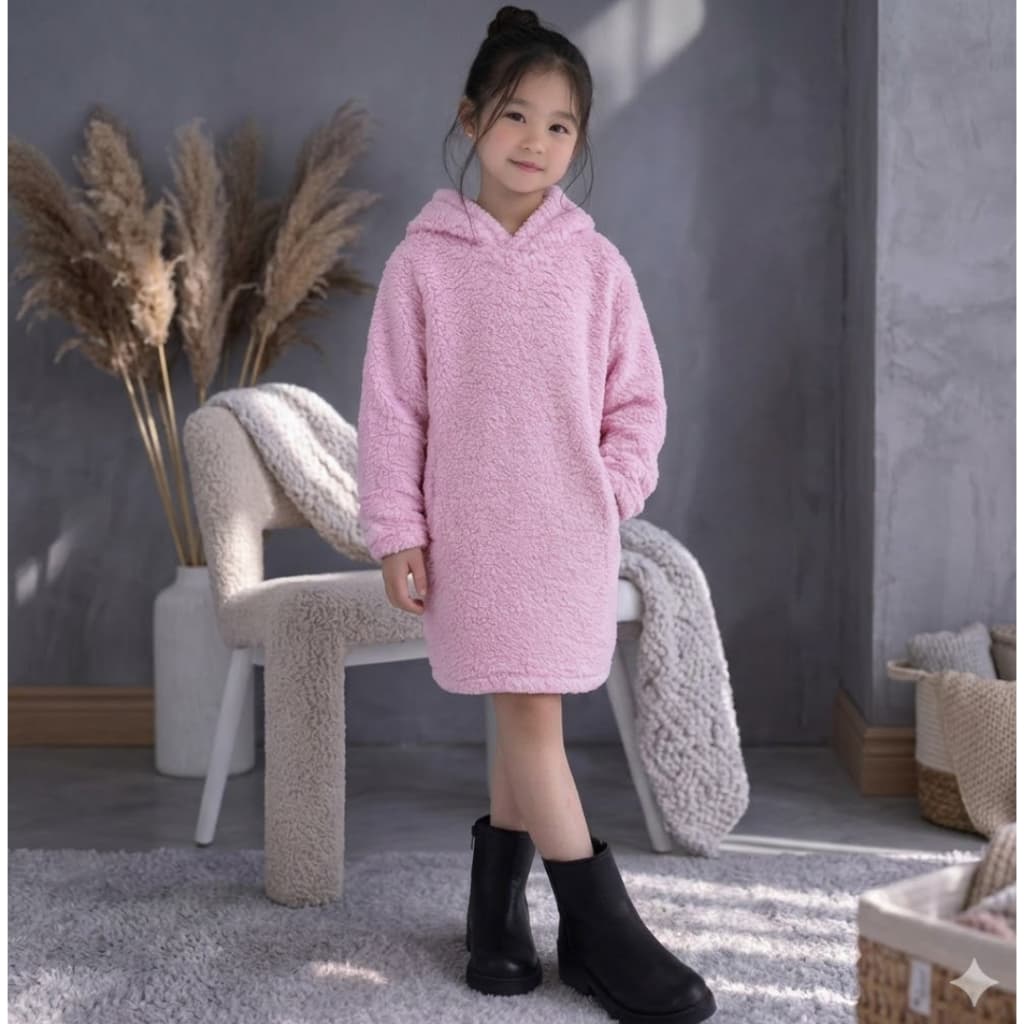 vestido infantil  teddy de carneirinho com capuz menina blusa de frio agasalho de escola moda vestido longo