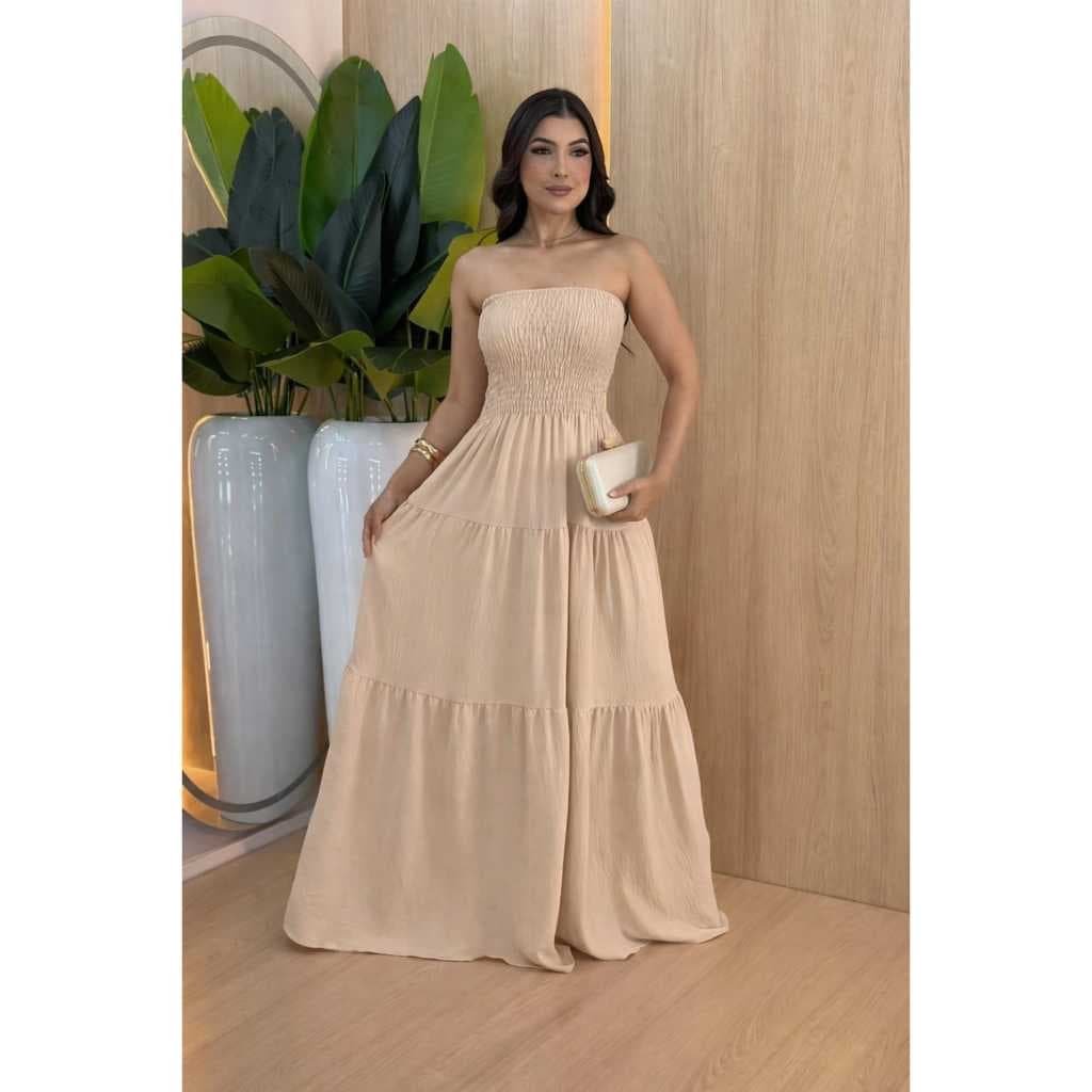 Vestido Longo Tomara que Caia Lastex no Busto e Saia Fluida estilo Boho