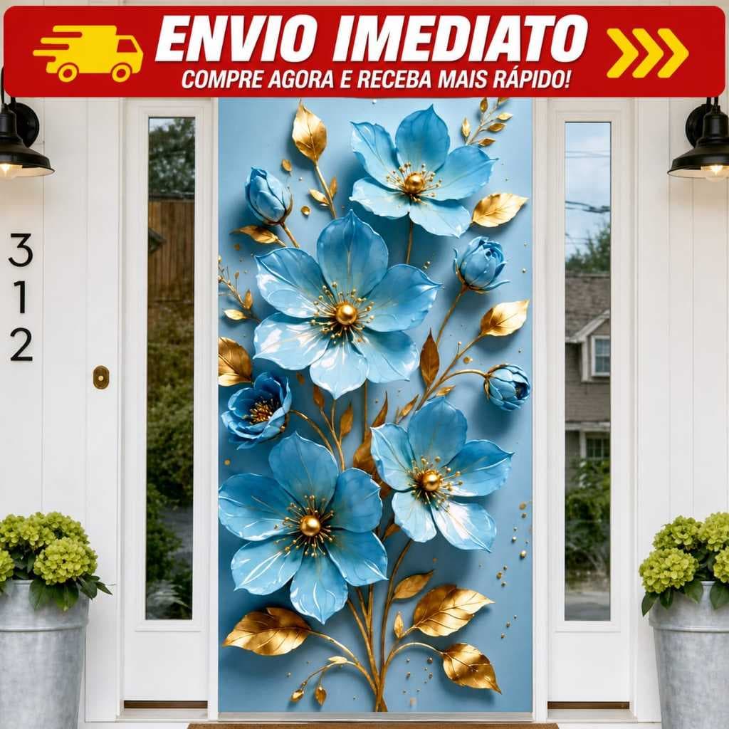 Capa Decorativa de Porta Sublimados C/ Elástico 0,75x2,10m Tema Flores Marmore
