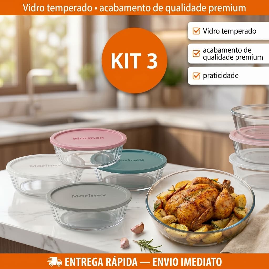 Kit Jogo de 3 Assadeira Redonda 2,4L com Tampa Sortidas Marinex