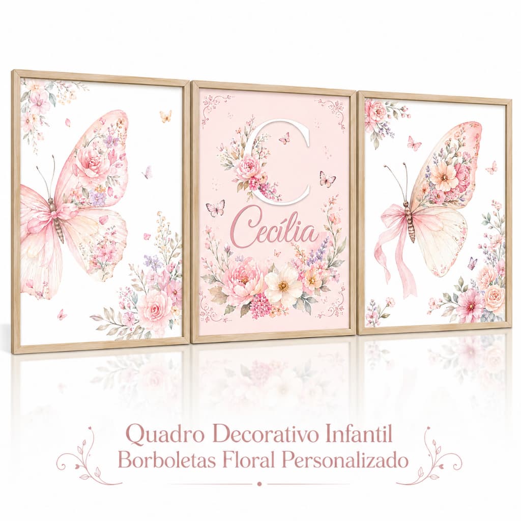 Kit Quadros Infantil Menina Borboletas Flores Personalizado com Nome Decoração Quarto Bebê Rosa