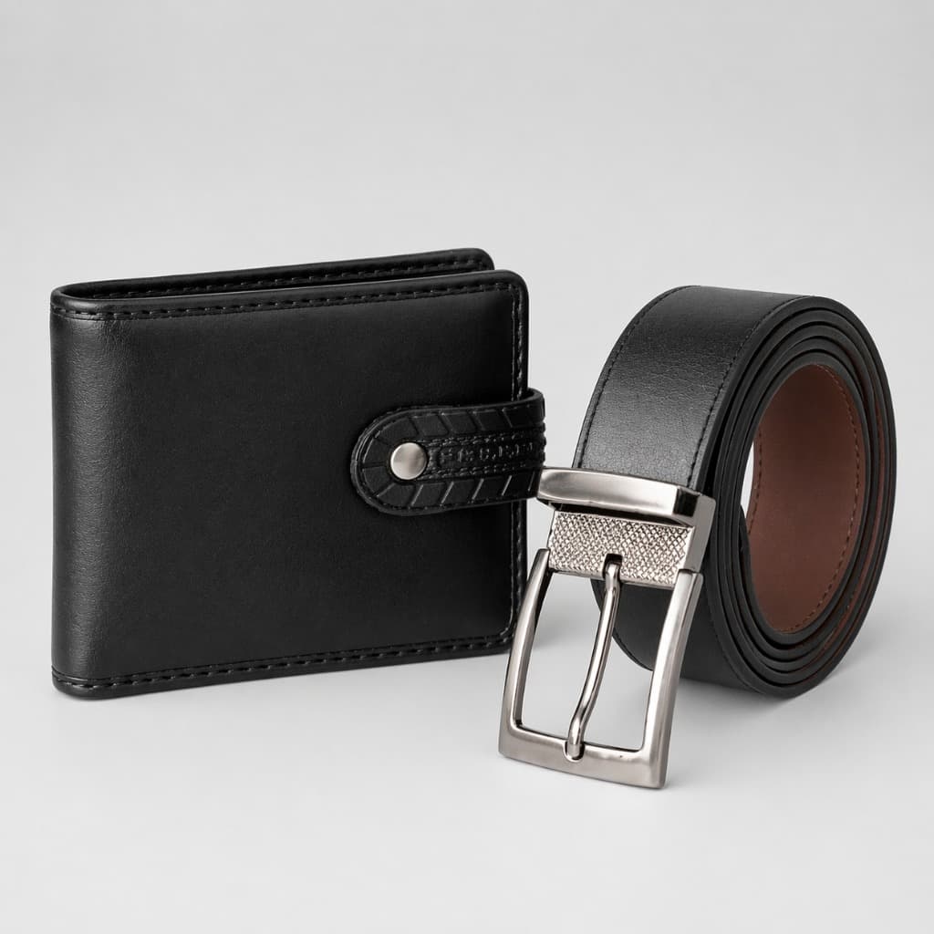 Carteira Masculina + Cinto Reversível Dupla Face Preto Marrom Kit Completo Couro Sintético Qualidade