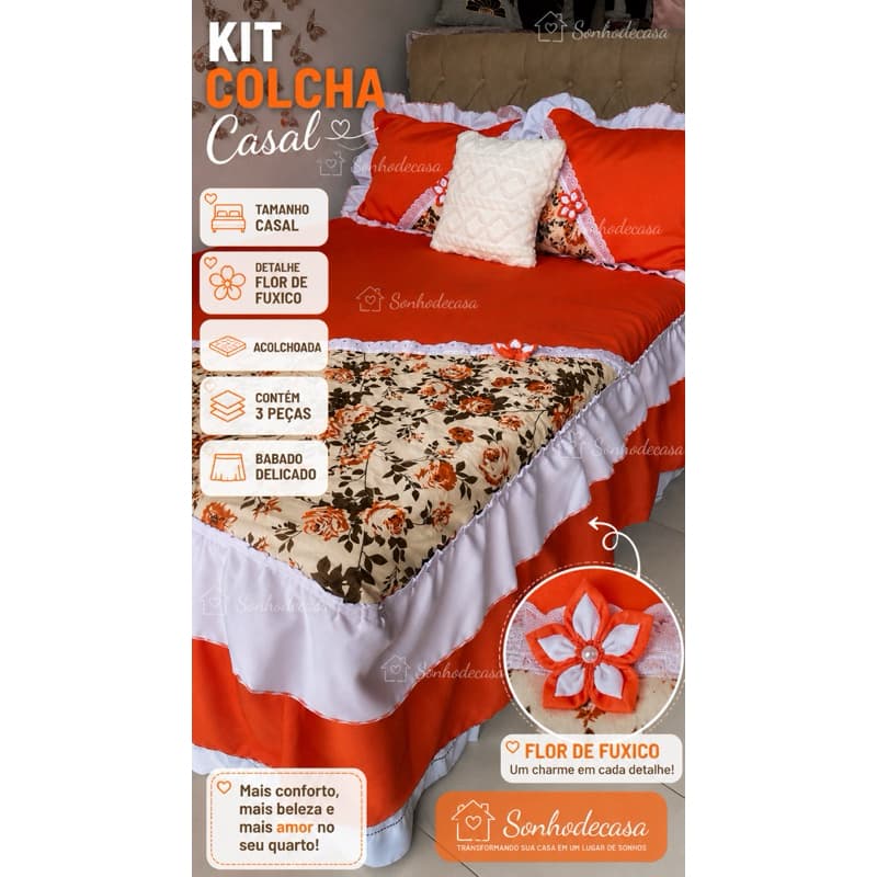 Colcha estampada acolchoada com babado duplo e bico 2,50M X 2,60M Cama Casal
