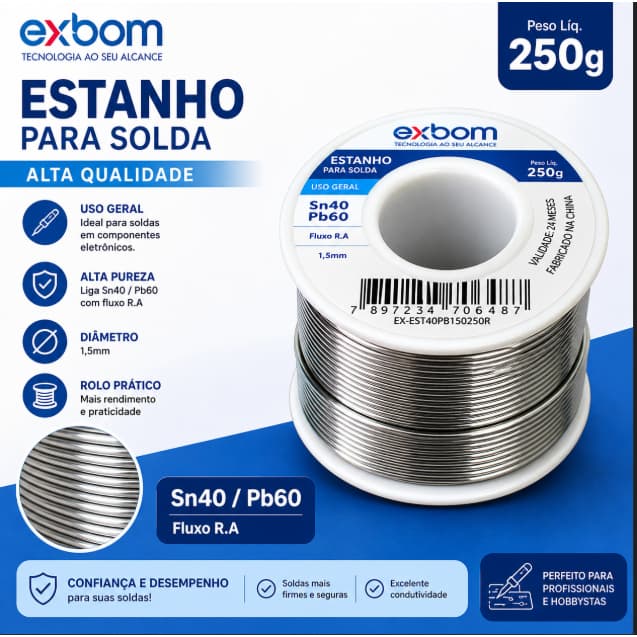 Solda Estanho Fio 1mm 40x60 SN40 PB60 Com Fluxo RA Rolo 250g Eletrônica