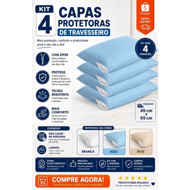 Kit 4 Capas Travesseiros Fronhas com Zíper Anti Ácaros Conforto e Praticidade Azul, Branco e Bege