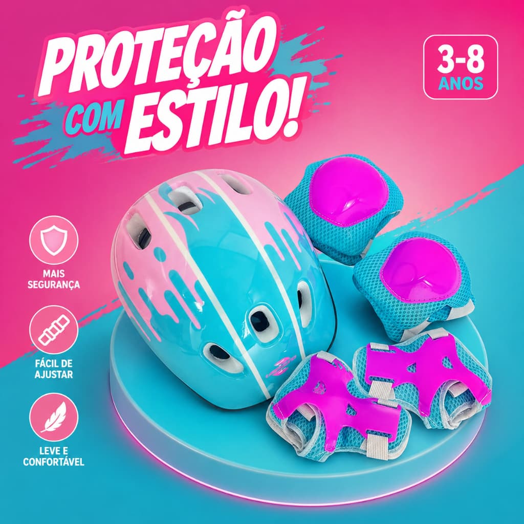 Kit Protecao Infantil Completo 7 Pecas Capacete Joelheira Cotoveleira Pulso Patins Skate Bike Patinete- Sortido