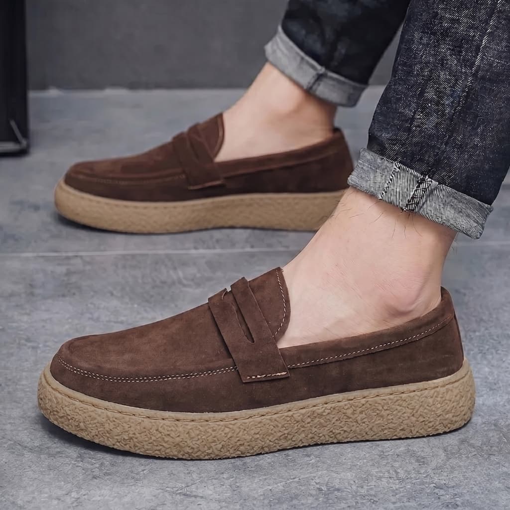 Mocassim Casual Masculino Sem Cadarço Marrom/Preto Acabamento Fosco Sola Alta Texturizada Uso Diário