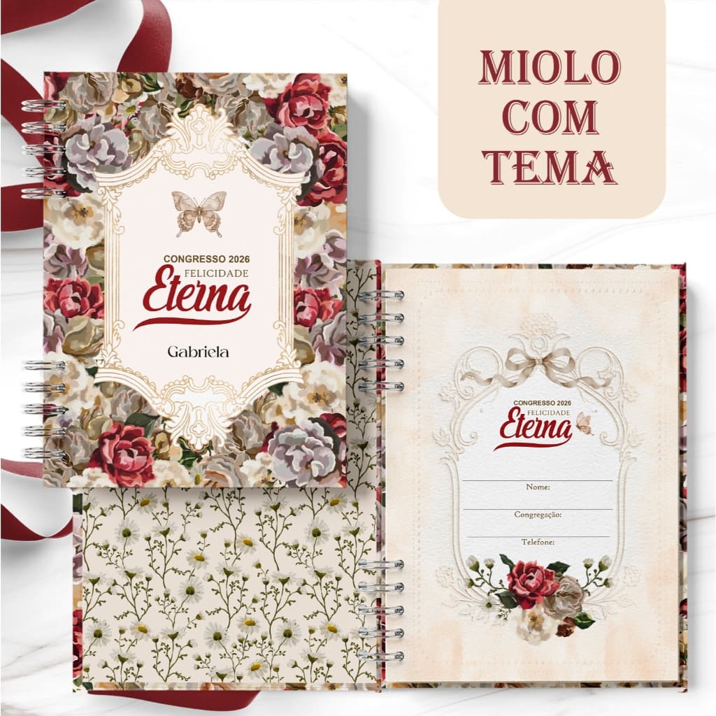 Caderno Personalizado Congresso JW "Felicidade Eterna" com brindes - coleção Floral Vermelho