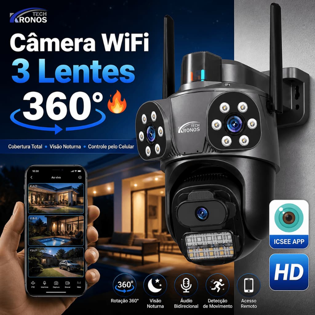 Câmeras de Segurança A35 3 Lentes – IP66 Detecção de Movimento App ICSEE Externo