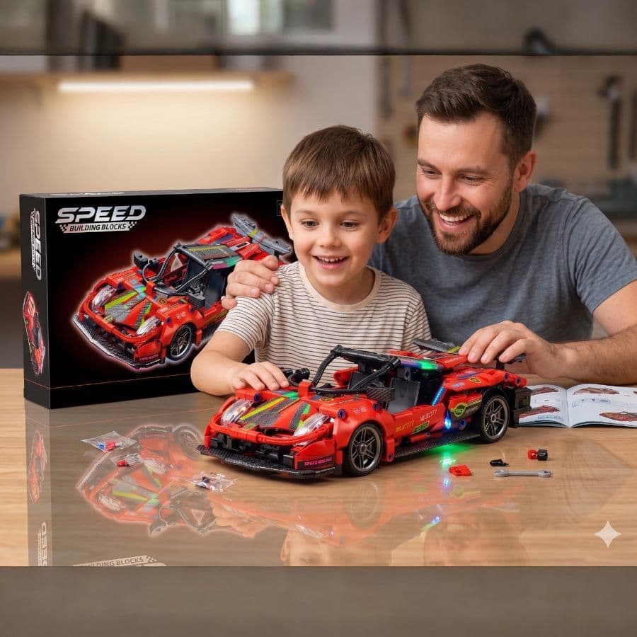 Carro Esportivo de Montar 426 Peças Tipo Lego Speed Building Blocks – Supercarro Azul Detalhado com Portas Funcionais, R