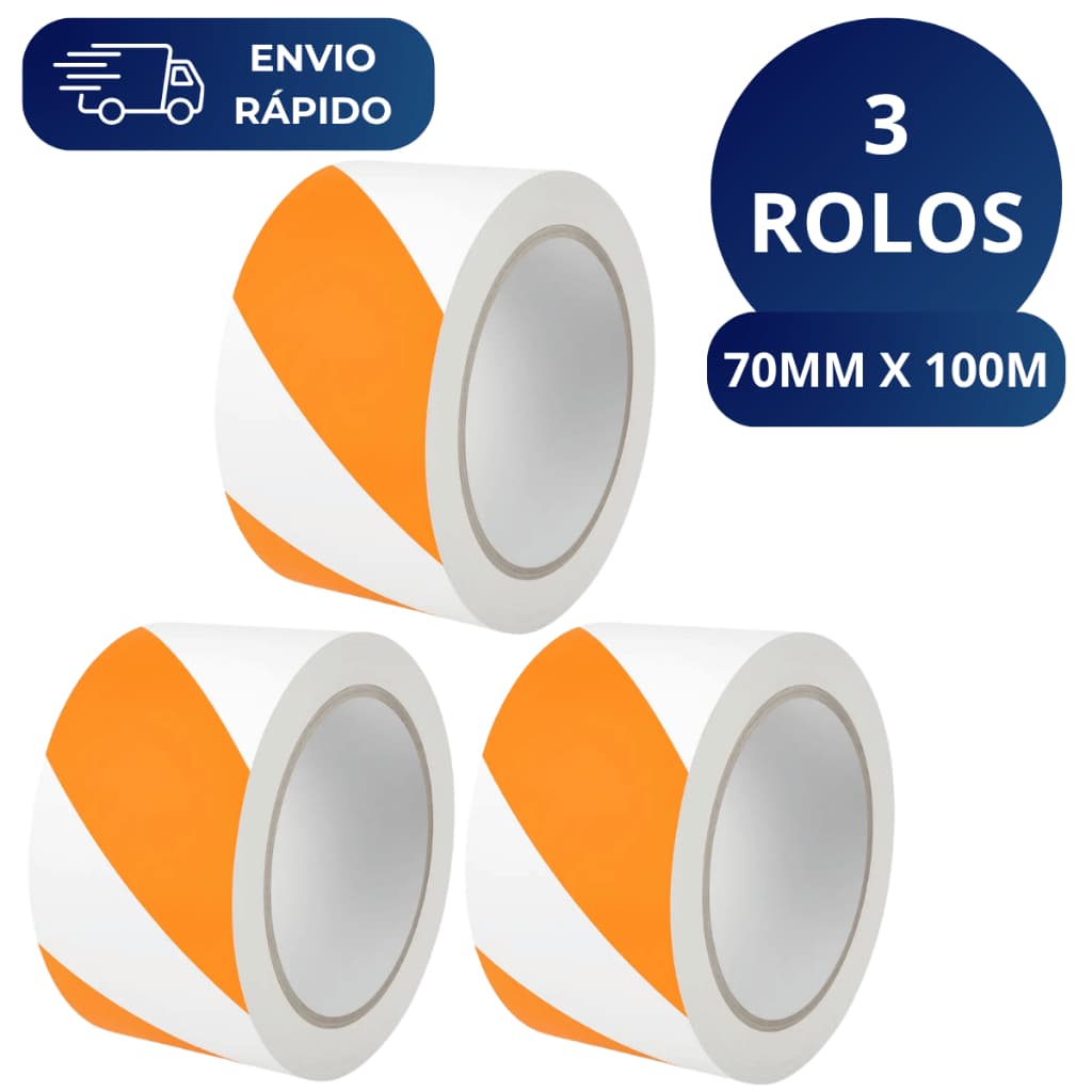 Kit 3 Fita Zebrada Laranja e Branca 70mm X 100 Metros Para Isolamento Sinalização Interdição Obras