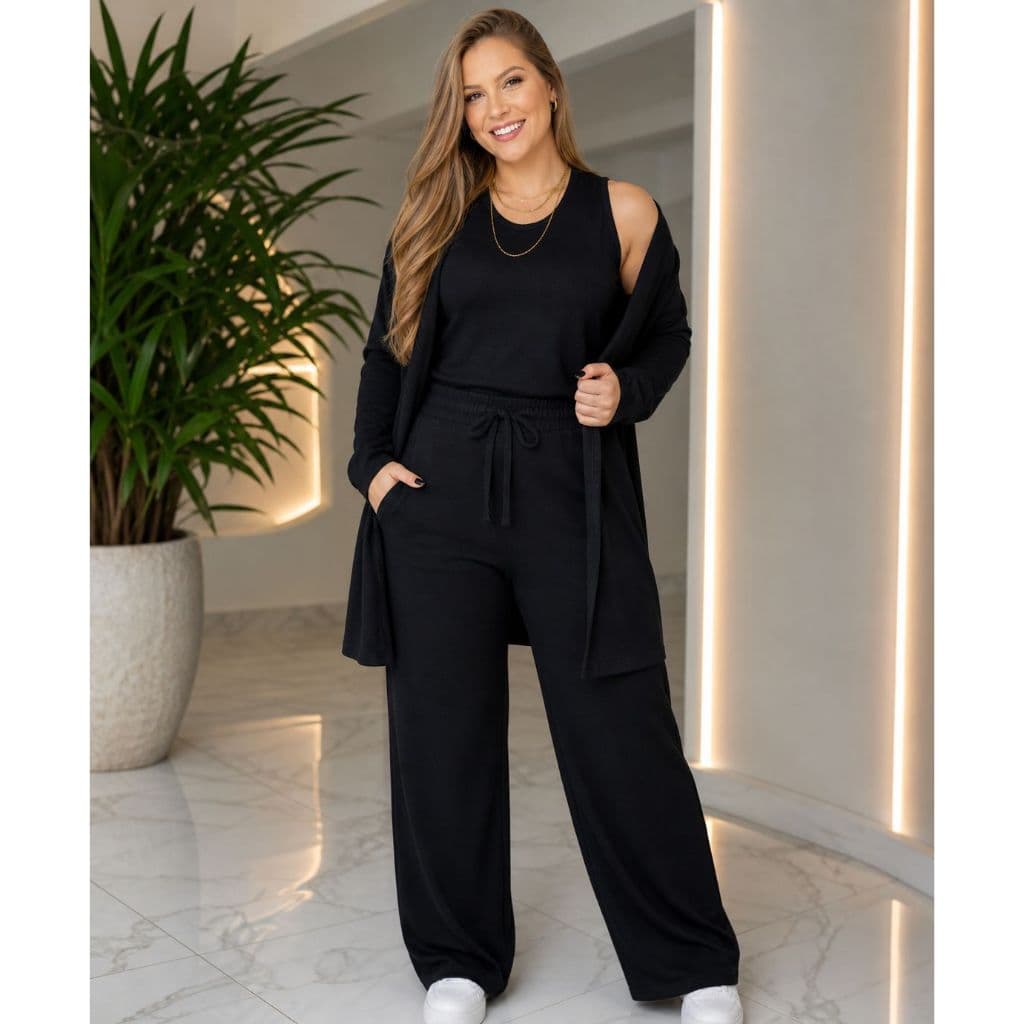 Conjunto 3 Peças em Lãzinha Cardigan alongado – Conforto e Estilo em um só look