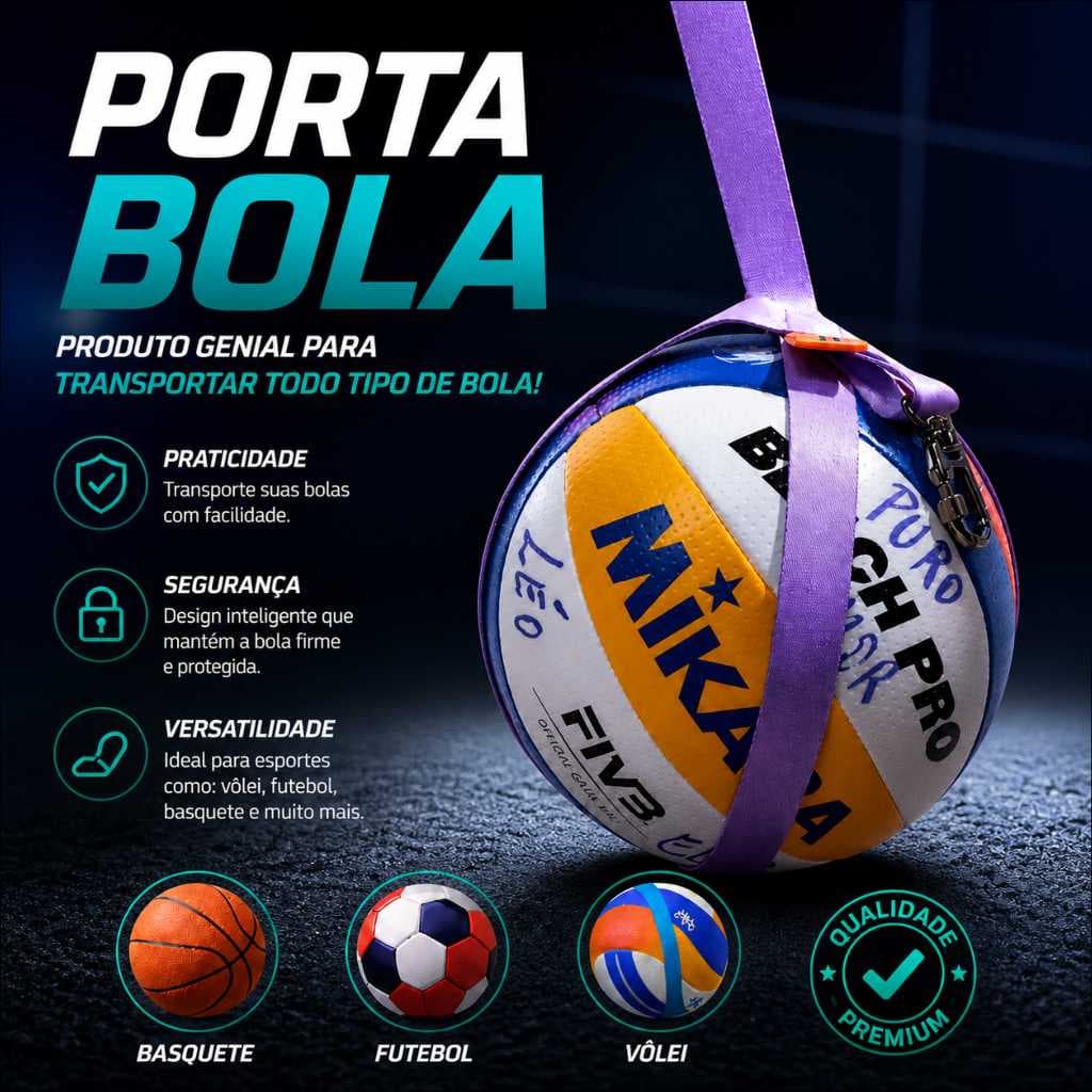 Porta Bola Premium Ajustável para Vôlei Futvolei Futebol Basquete, Mosquetão metal ZAMAC com giro 360, Suporte Esportivo