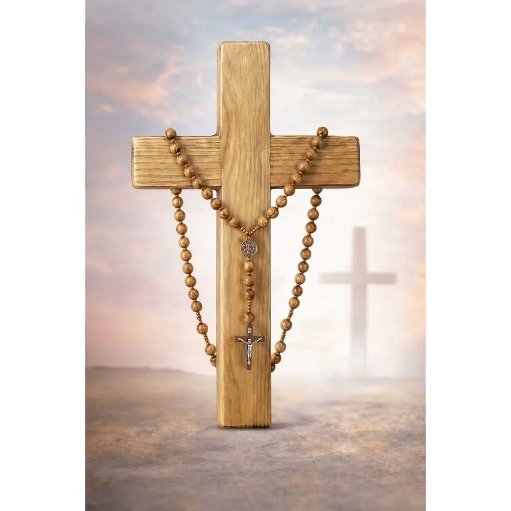 Terço com crucifixo de de metal para  parede e mesa de madeira rustico 1 metro