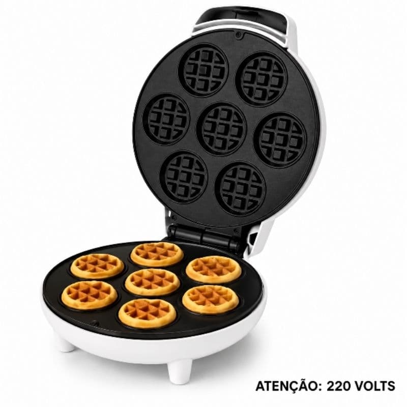 Máquina Waffles Elétrica 220 Volts Antiaderente 7 Mini Waffles Redonda 26cm Branca/Preta Rápida e Prática Waffles