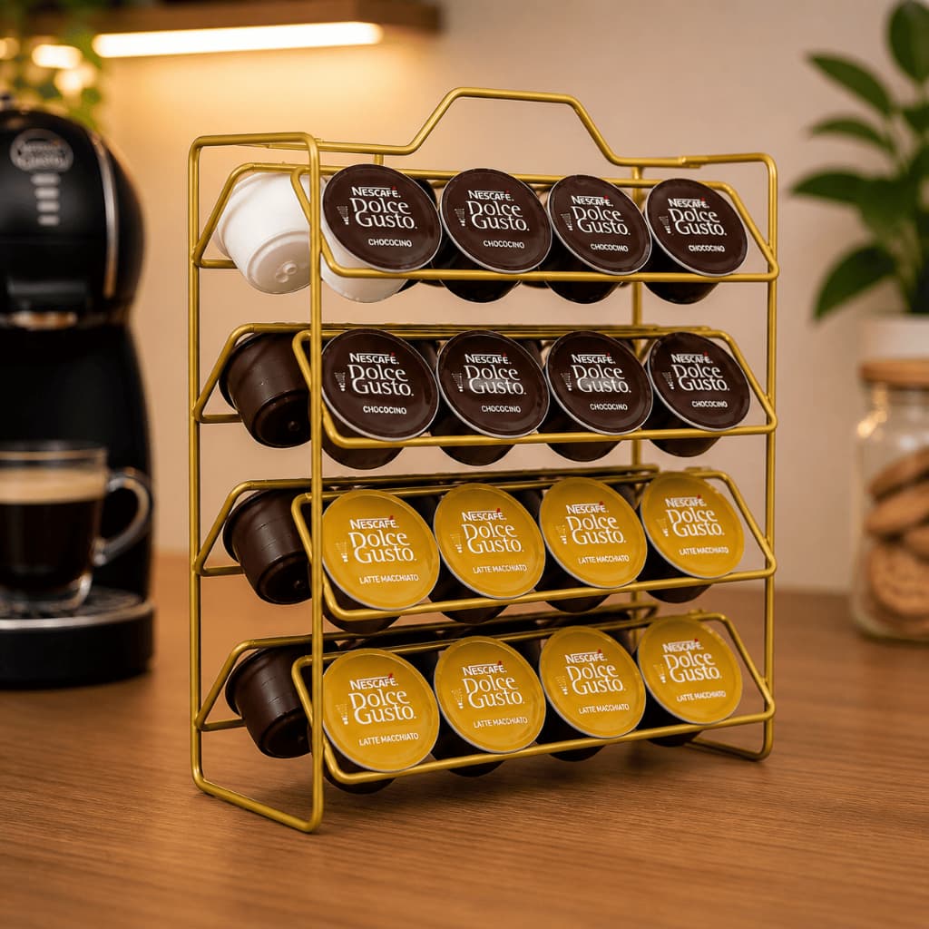 Suporte Cápsulas de Café Dolce Gusto 32 unidades Porta Reforçado Preto Dourado Organizador Suporte bancada