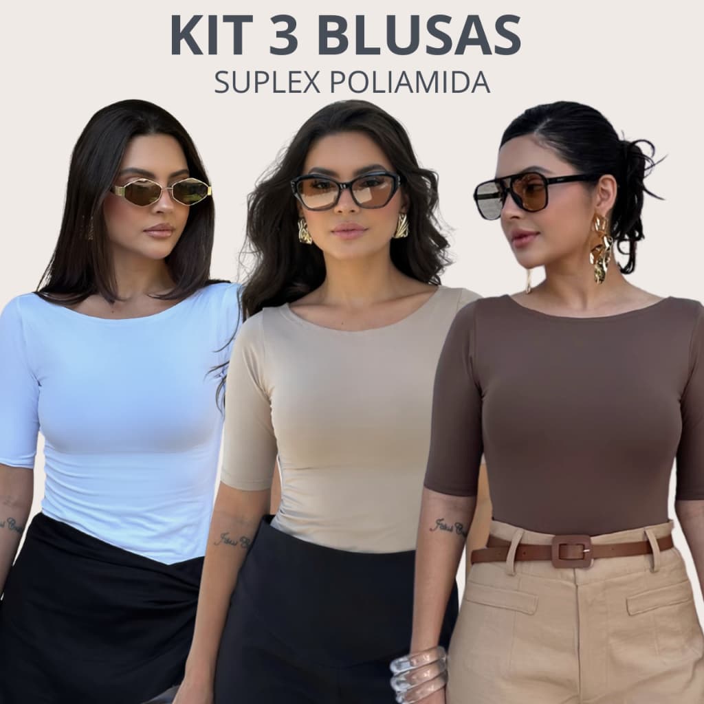 Kit 3 Blusa Gola Canoa Manga 3/4 Feminina BabeTee Slim Fit Confortável