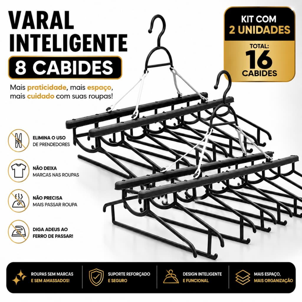 Kit C/ 02 Varal dobrável 8 cabides Slim Articulado Apartamento Não amassa suas roupas